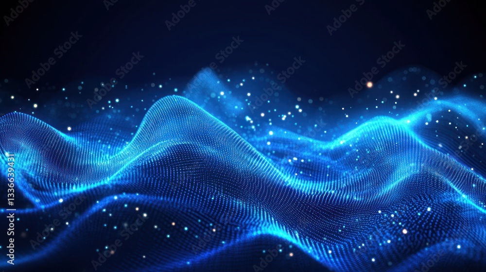 Poster blue wave patterns with sparkling lights in a digital space