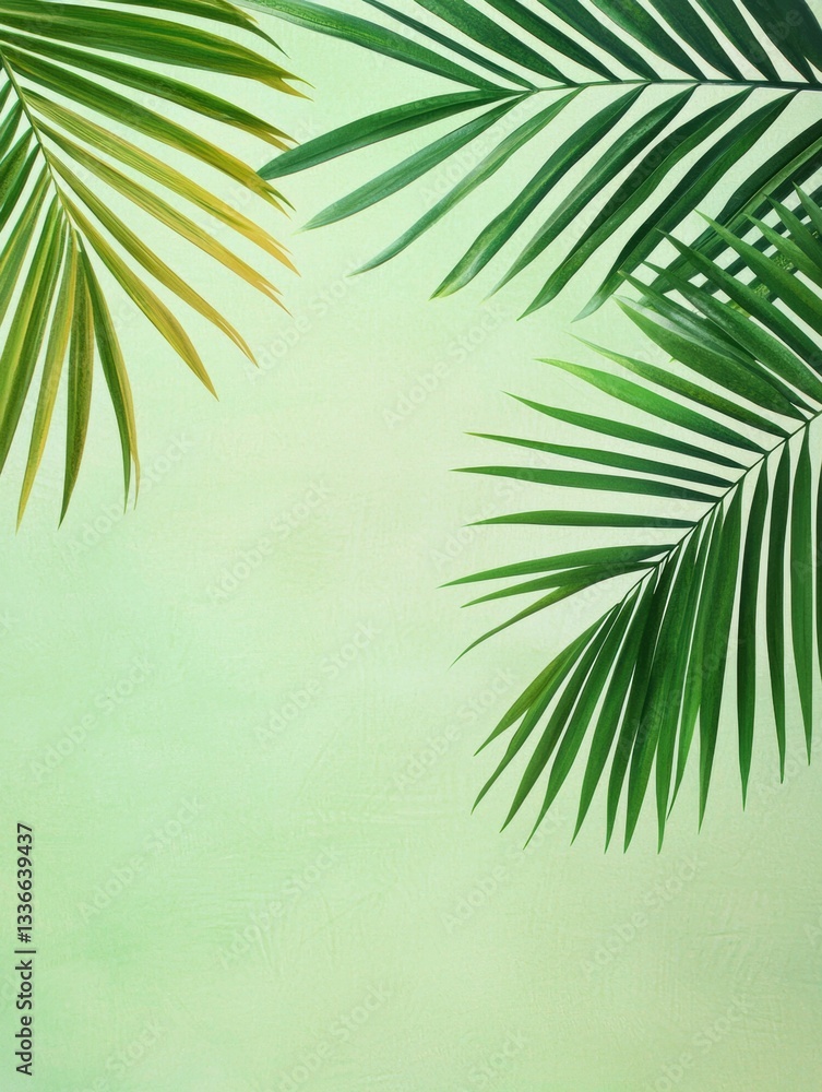 Poster close-up of three palm leaves on a light green background. the leaves are arranged in a diagonal lin