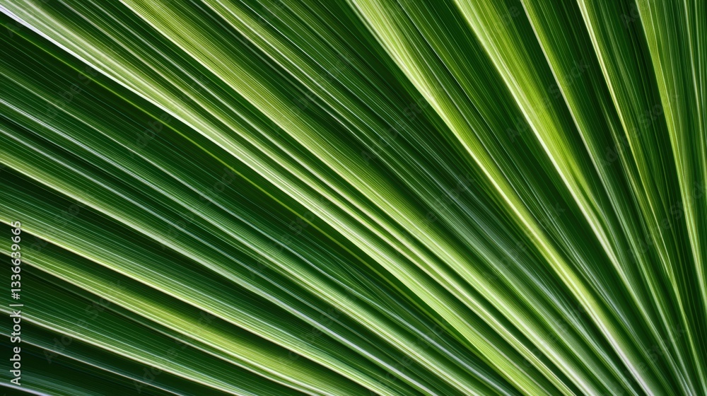 Poster a close-up image of a vibrant green palm leaf showcasing its intricate patterns and textures under n