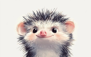 Obraz premium Painted drawing illustration of a baby hedgehog with a tiny pink nose. On white background. Kids book style