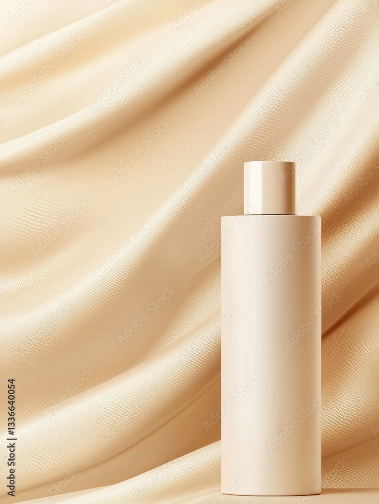 Poster white cylindrical bottle with a pump dispenser on top. the bottle is placed on a beige fabric backgr