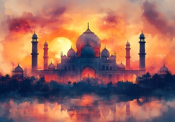 Fototapeta premium Majestic Indian Palace Sunset Water Reflection Scenic View Sky Red Art Dusk Calm Grand Mosque Temple