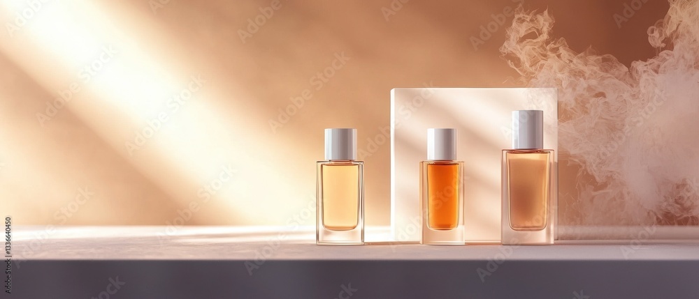 Poster three perfume bottles of different sizes and shapes arranged in a row on a white surface. the bottle