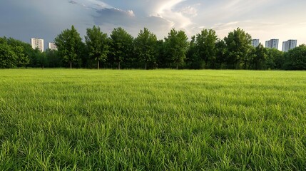 Fototapeta premium Lush green field with city skyline in background.