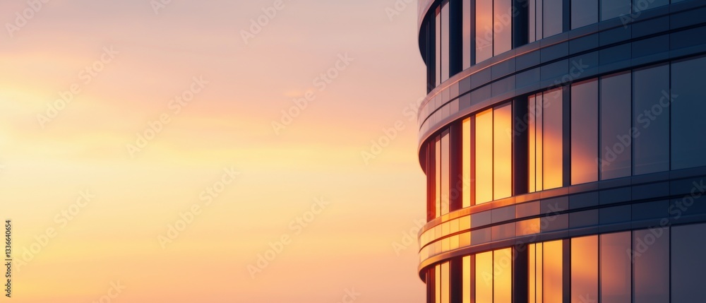 Poster close-up of a modern building with a curved glass facade. the building appears to be a high-rise str