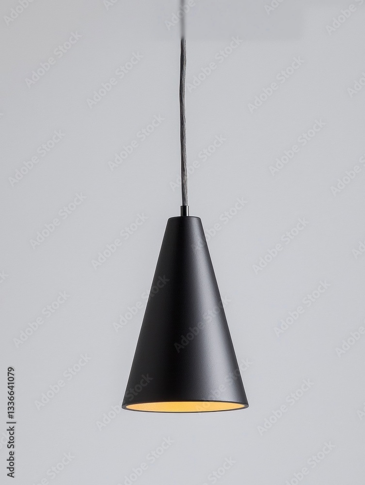 Poster the image is of a black pendant light hanging from a black cord. the light is in the shape of a cone
