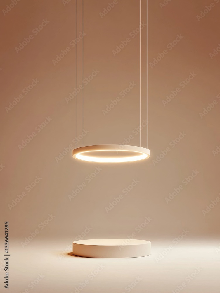 Poster modern pendant light hanging from the ceiling. the light is circular in shape and has a white base. 