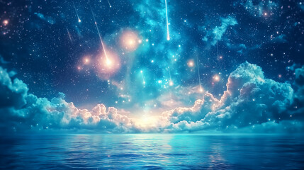 星屑のオーロラ：水面に映る幻想的な流星群と天空の輝き