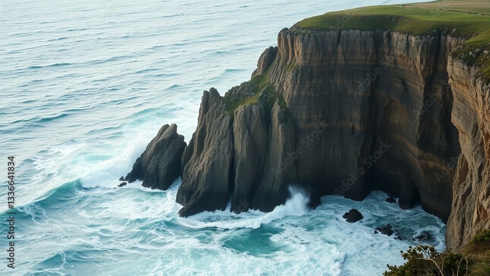 Poster meeting point of cliffs and ocean represents constant interaction between water and rock characteriz