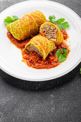 cabbage rolls cabbage stuffing meat tasty fresh delicious gourmet food background table rustic food top view copy space keto and paleo diet