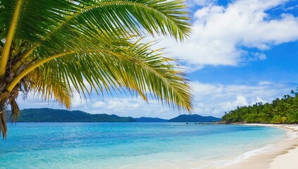 Fototapeta premium Tropical Paradise: A vibrant and inviting scene of a tropical beach with crystal-clear turquoise water, swaying palm trees, and a clear blue sky dotted with fluffy clouds. 