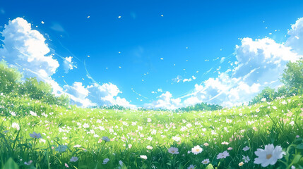 白い雲と花々の清らかな春の草原