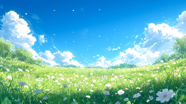 白い雲と花々の清らかな春の草原