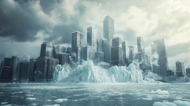 A massive glacier engulfs a futuristic city, symbolizing the paradox of climate change