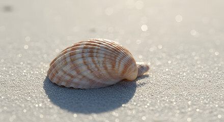 Sunlit Seashell on Sandy Beach, Natural Texture Detail, Coastal Serenity, Generative AI image.