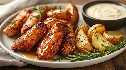Plate of glazed chicken wings with potatoes and sauce.