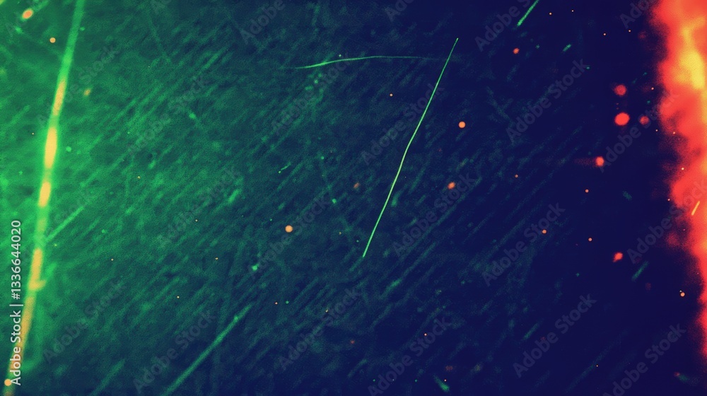 Poster an abstract image featuring vibrant green and orange hues, with scattered light particles and a text
