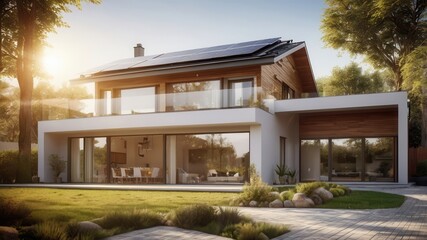 Fototapeta premium Modern Eco-Friendly House with Solar Panels and Spacious Garden