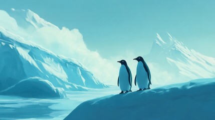 A pair of penguins waddling together on an icy landscape with a soft blue sky