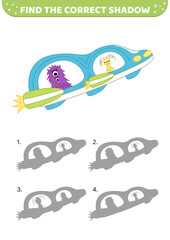 Find the correct shadow. Cyan spaceship and monsters. Shadow game. Cartoon. Isolated vector illustration eps 10
