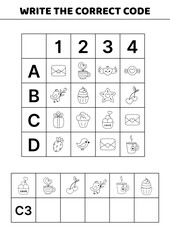 Black and white valentines day game. Write the correct code. Educational attention game. Activity for kids. Isolated vector illustration eps 10
