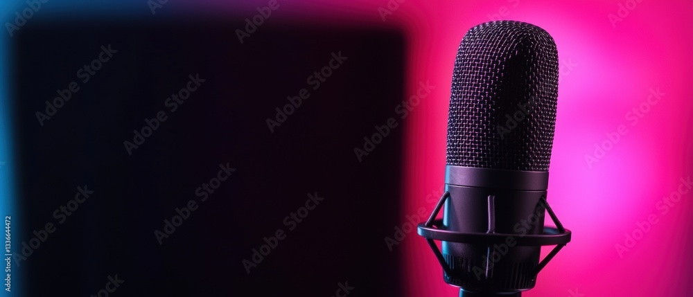 Aufkleber close-up of a microphone on a stand. the microphone is black in color and has a mesh-like design on 