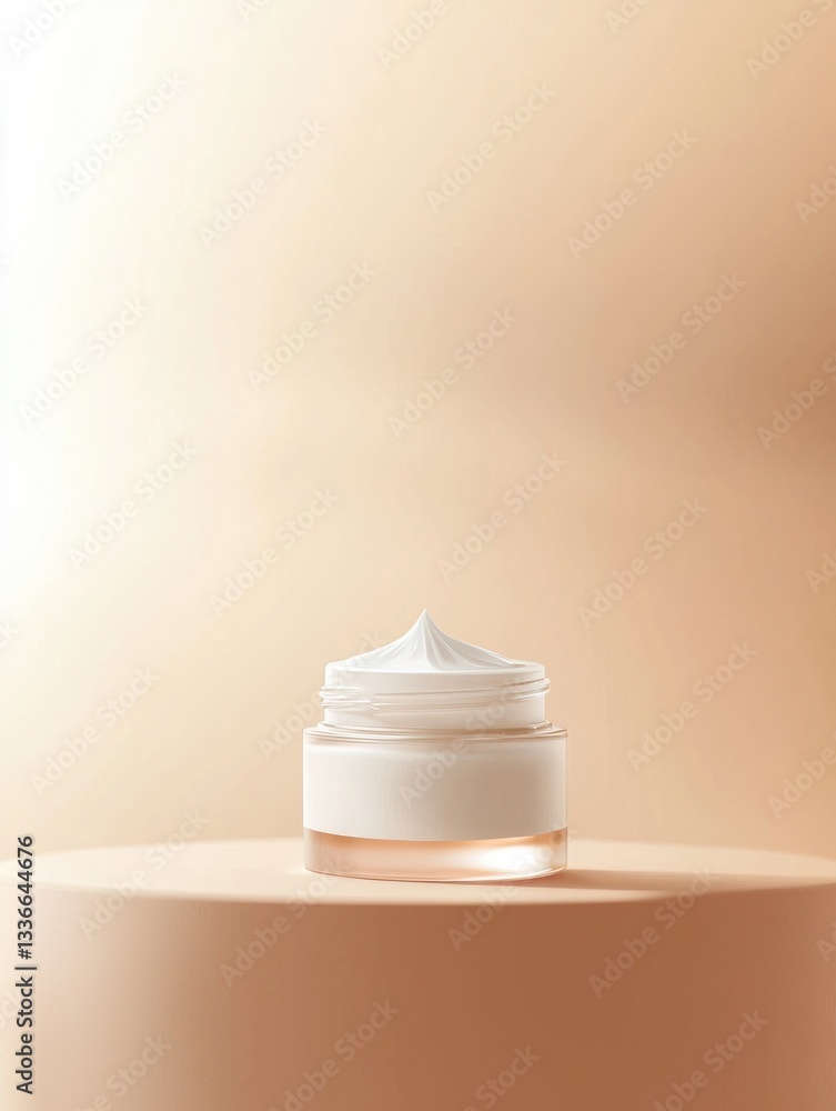 Poster 3d rendering of a white jar of cream on a light pink background. the jar is cylindrical in shape wit