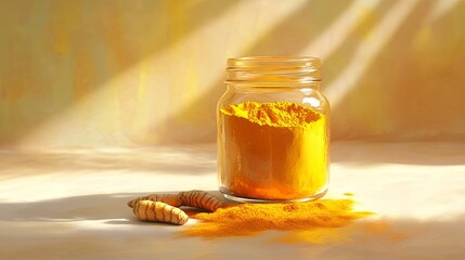 A jar of turmeric powder alongside fresh turmeric root on a bright background