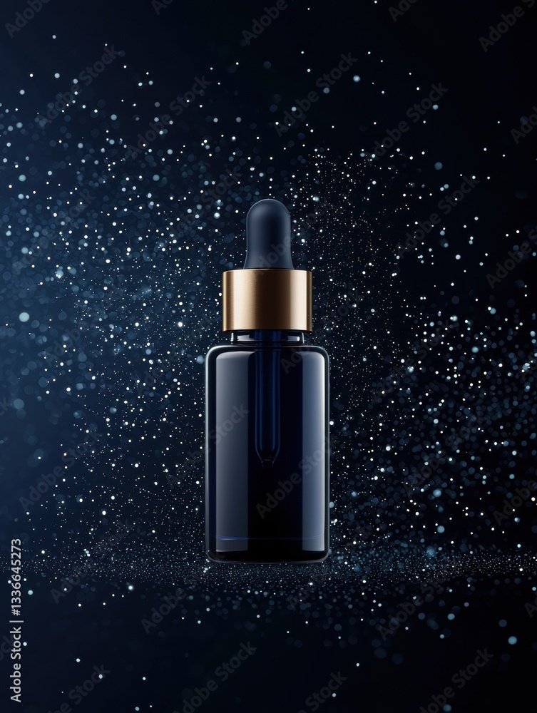 Poster digital illustration of a black dropper bottle with a gold cap. the bottle is placed on a dark blue 