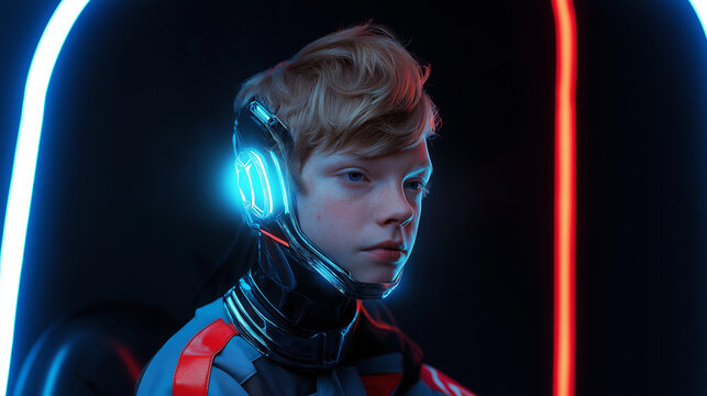 Jovem ciborgue com implante neural futurista em ambiente cyberpunk