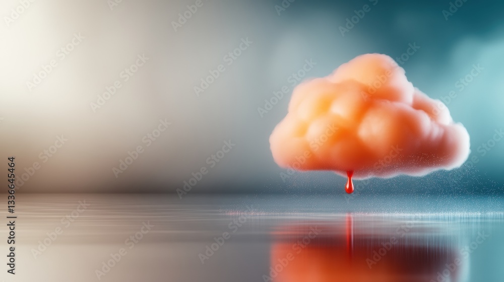 Poster surreal cloud with a drop on a reflective surface.
