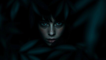 Girl emerges from the depths of dark foliage her intense gaze pulling the observer into an enigmatic