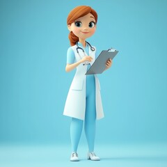 Fototapeta premium Art Cartoon Doctor Overview Pose Background Blue Clipboard