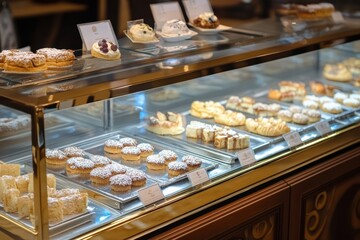 Elegant empty pastry display case showcasing glass shelves in bakery Generative AI