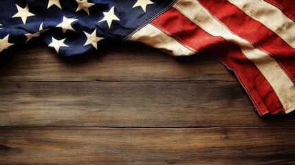 Obraz premium A vintage American flag drapes over a wooden surface, creating a patriotic and rustic atmosphere.