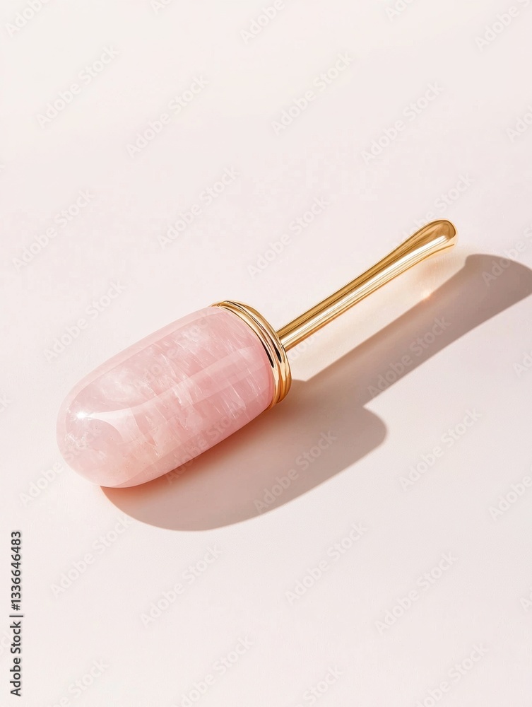 Poster small, oval-shaped object with a gold-colored handle. the object appears to be made of a light pink 