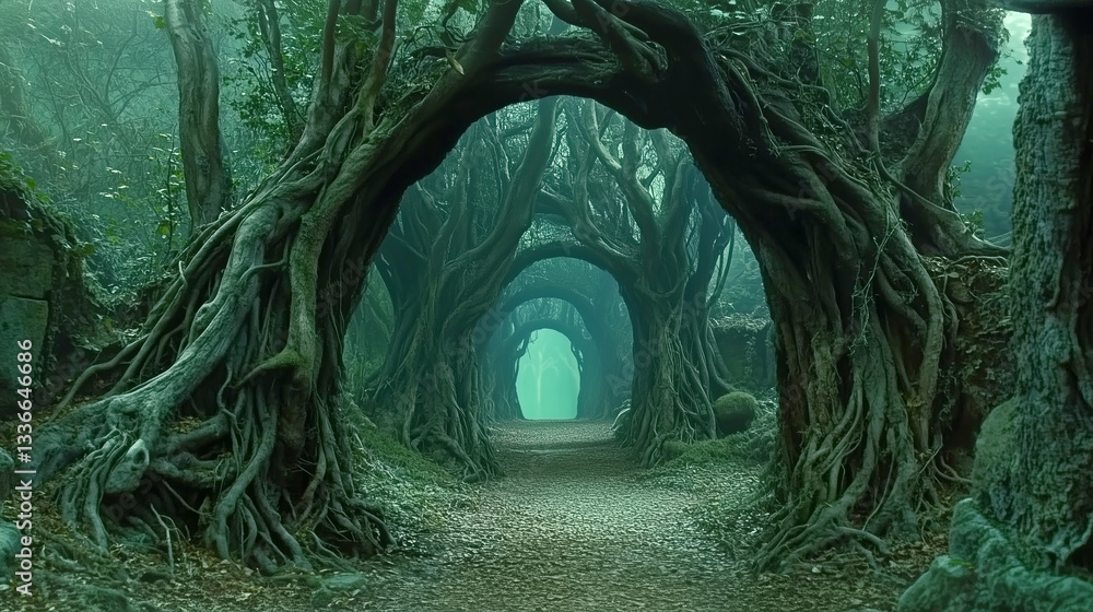 Aufkleber a magical pathway lined with ancient trees featuring twisted branches and lush green foliage leads t