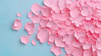 Fototapeta premium Delicate pink petals scattered on a blue background, vibrant floral decor, perfect for spring-themed designs and celebrations.