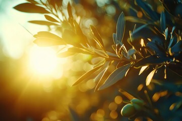 Sunlight shines through the olive tree branches with green olives. Ideal for health, nature, or organic food product advertising.