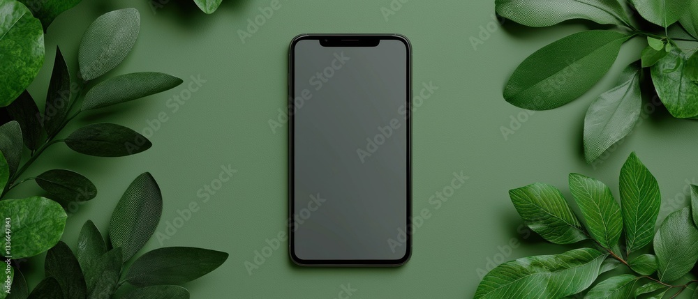 Poster black smartphone with a blank screen lying on a green background. the phone is positioned in the cen