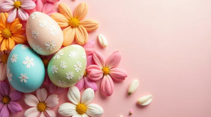 Fototapeta premium Beautifully decorated Easter eggs with intricate 3D patterns nestled among colorful flower petals on a soft pastel background, creating a festive and elegant holiday composition.