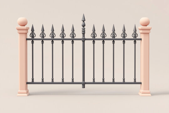 3D render of a decorative iron gate with pointed finials supported by pastel pink stone pillars. A stylish architectural element representing elegance, security, and classic residential design.
