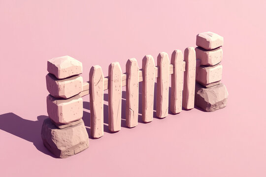 3D render of a stone brick wall with irregular shapes and patches of grass on a sandy surface under soft lighting. A rustic architectural element symbolizing strength, texture, and aged natural design