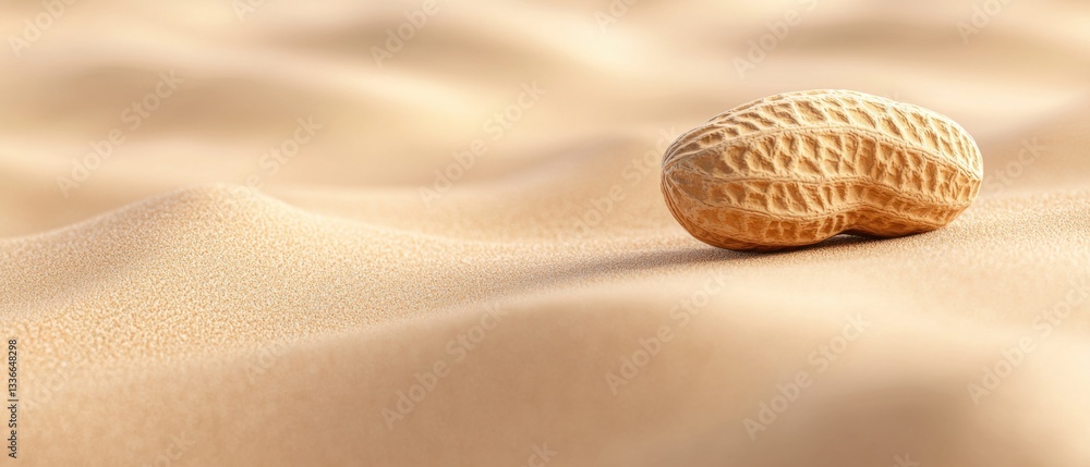 Poster close-up of a single peanut on a sandy surface. the peanut is in the center of the image, with its s