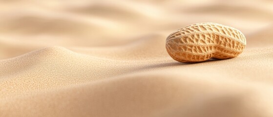 Close-up of a single peanut on a sandy surface. the peanut is in the center of the image, with its shell facing towards the right side of the frame.
