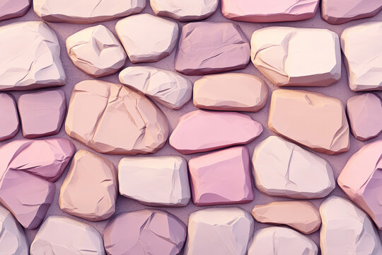 3D render of a pastel stone wall texture made of irregularly shaped blocks in soft pink and beige tones. A stylized architectural surface background representing structure, balance, and modern minimal