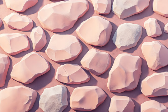3D render of a pastel stone wall texture made of irregularly shaped blocks in soft pink and beige tones. A stylized architectural surface background representing structure, balance, and modern minimal