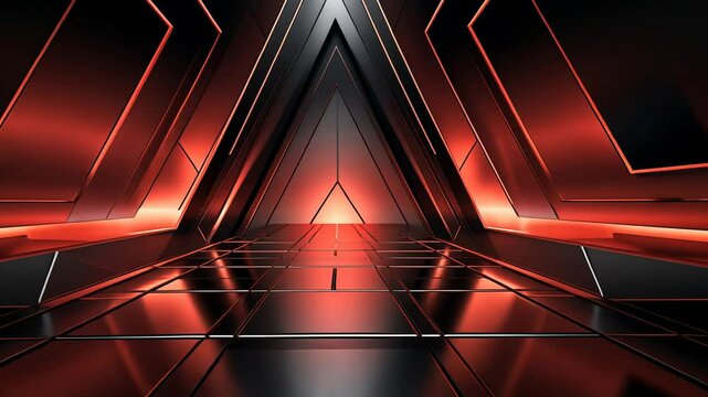 Red and black futuristic tunnel. Perspective, glowing lines, geometric shapes, metallic surfaces, dark, modern, abstract, technology, cyberpunk