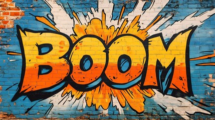 Boom explosion with starburst pattern, animated energy impact, and loud sound representation, perfect for advertising and entertainment graphics, cartoon illustration style