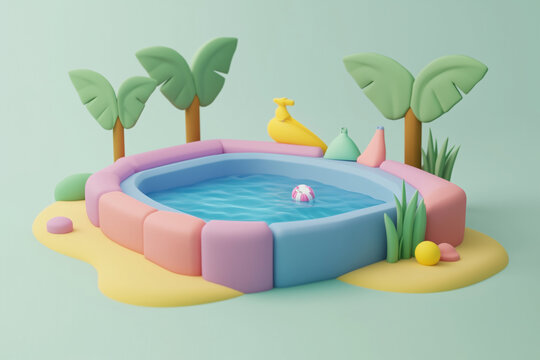 3D illustration of a pastel swimming pool with clear blue water, palm trees, and ladder in a tropical minimal setting. A relaxing summer scene symbolizing vacation.